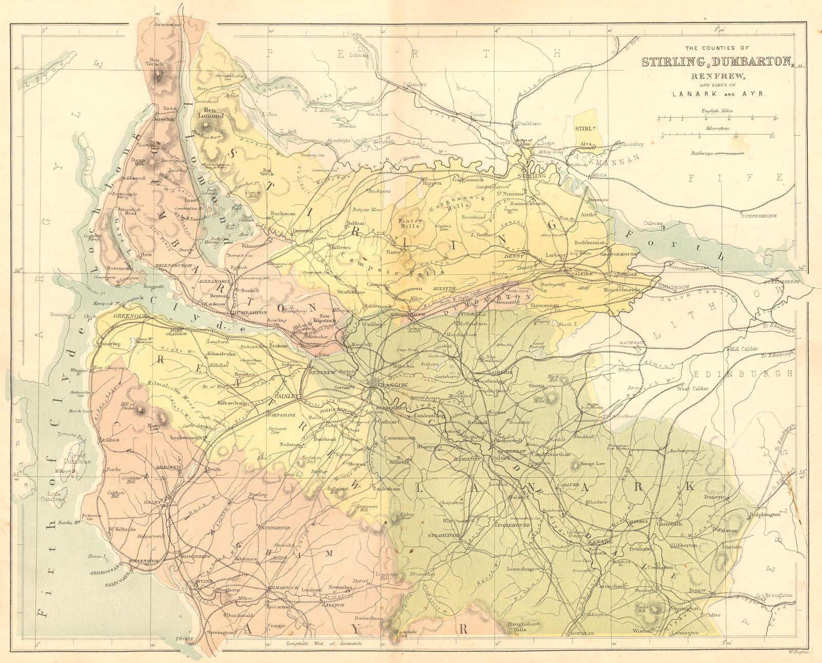 SCOTLAND. Stirling, Dumbarton, Renfrew, Ayr. Virtue 1860 old antique map chart